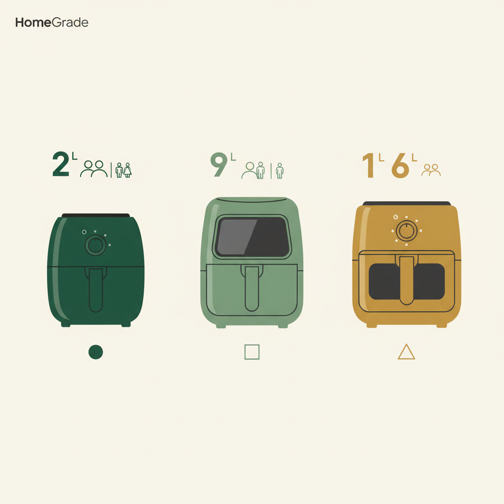 에어프라이어 추천 소형 2L·9L 가족 가시창·16L 대용량 올스텐 용량 등급 비교표 — homegrade Editorial Team 2026