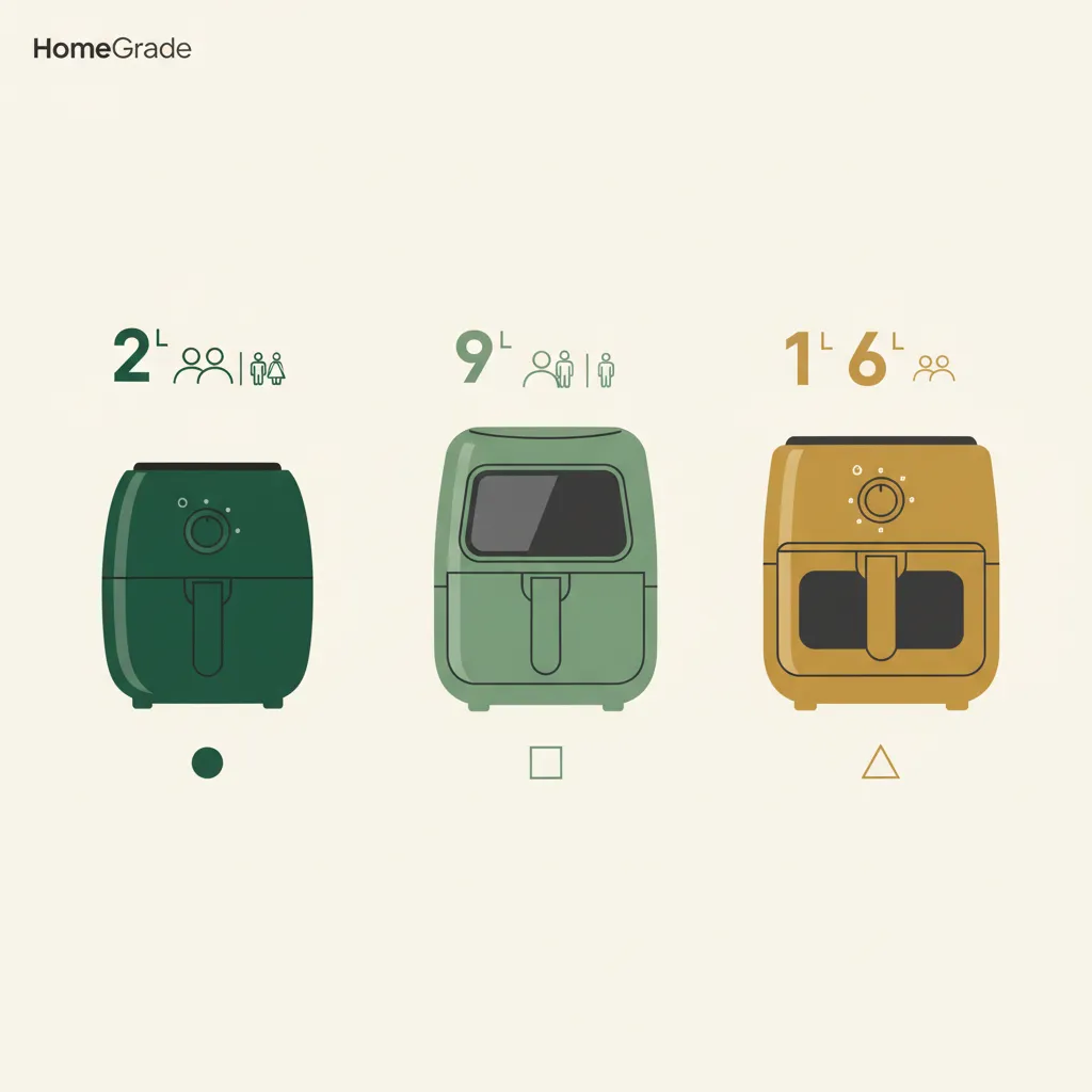 에어프라이어 추천 소형 2L·9L 가족 가시창·16L 대용량 올스텐 용량 등급 비교표 — homegrade Editorial Team 2026