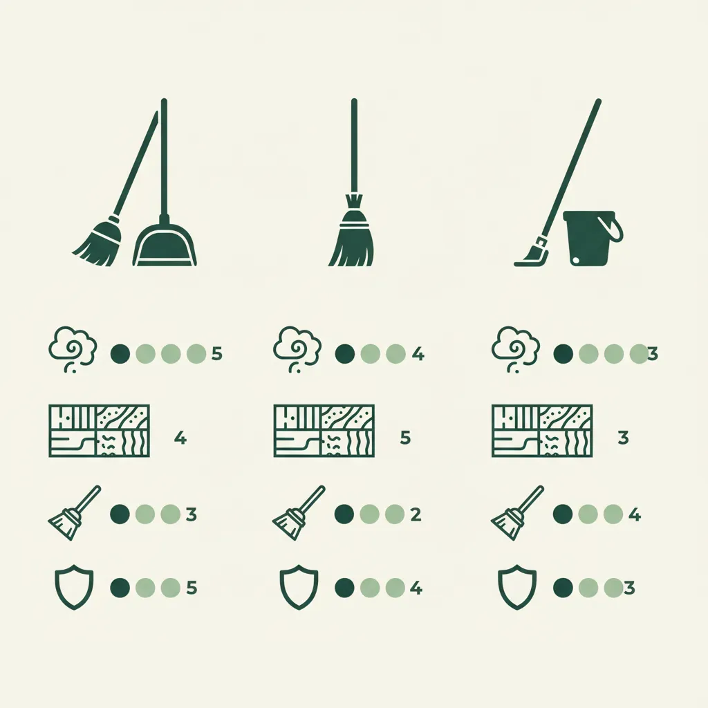 빗자루 추천 쓰레받기 세트·갈대비·물걸레 밀대 3축 등급 비교표 — homegrade Editorial Team 2026