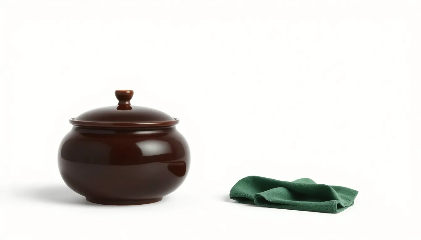 뚝배기 추천 — 흰 배경 위에 뚜껑을 덮은 진갈색 유광 뚝배기 하나와 진초록 천 냅킨이 놓인 일러스트 — homegrade Editorial Team