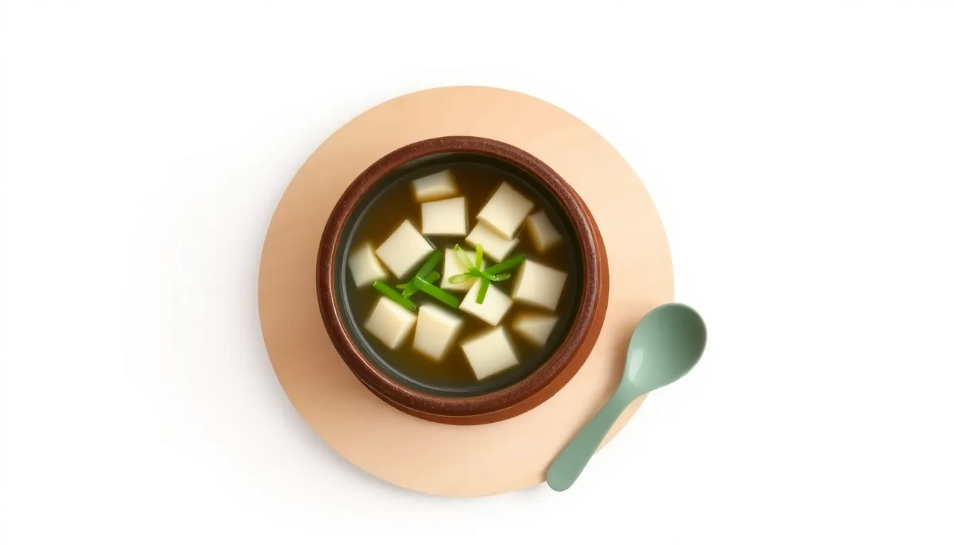 위에서 내려다본 갈색 뚝배기 하나가 원형 나무 받침 위에 놓여 있고 맑은 국물에 두부와 대파가 담겨 있으며 옆에 세이지색 숟가락이 놓인 일러스트