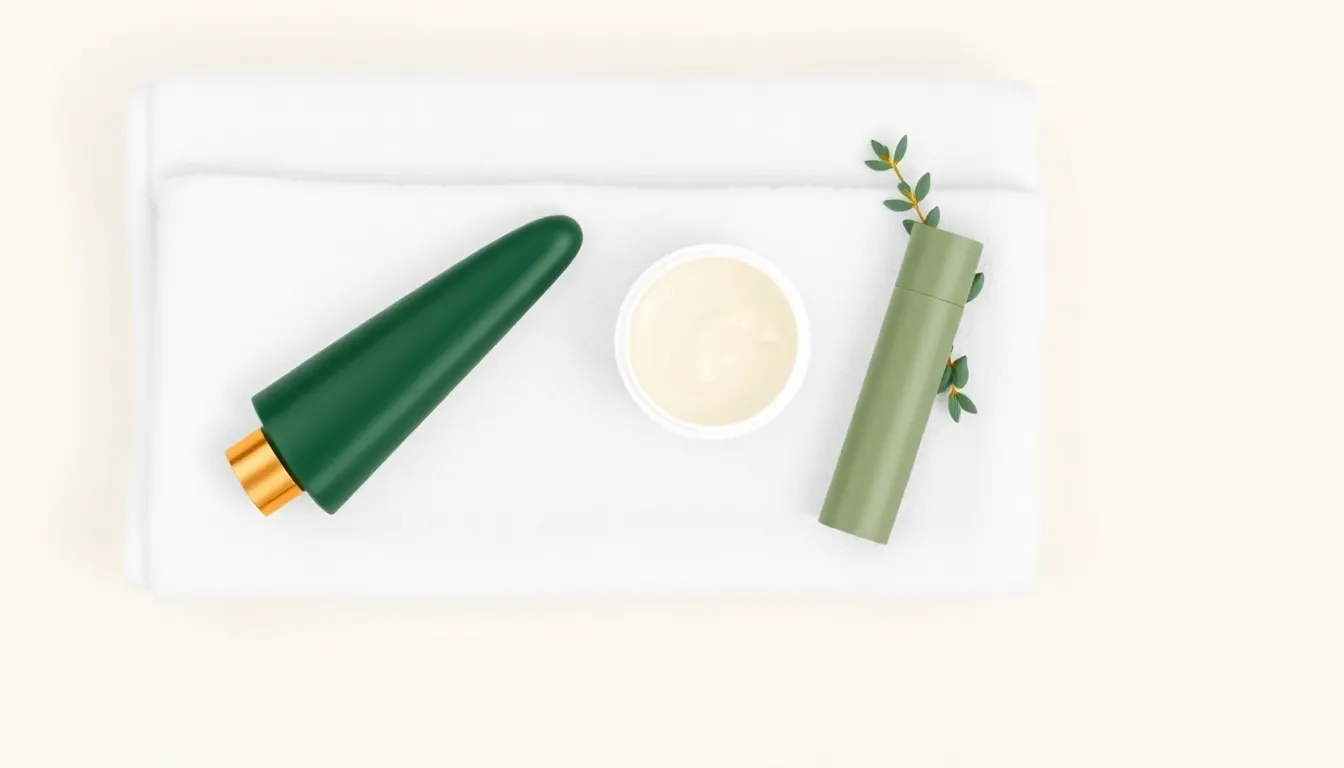 풋크림 추천 — 흰 수건 위에 금색 캡의 진초록 튜브, 크림이 담긴 흰 단지, 세이지색 스틱과 유칼립투스 가지가 놓인 일러스트 — homegrade Editorial Team