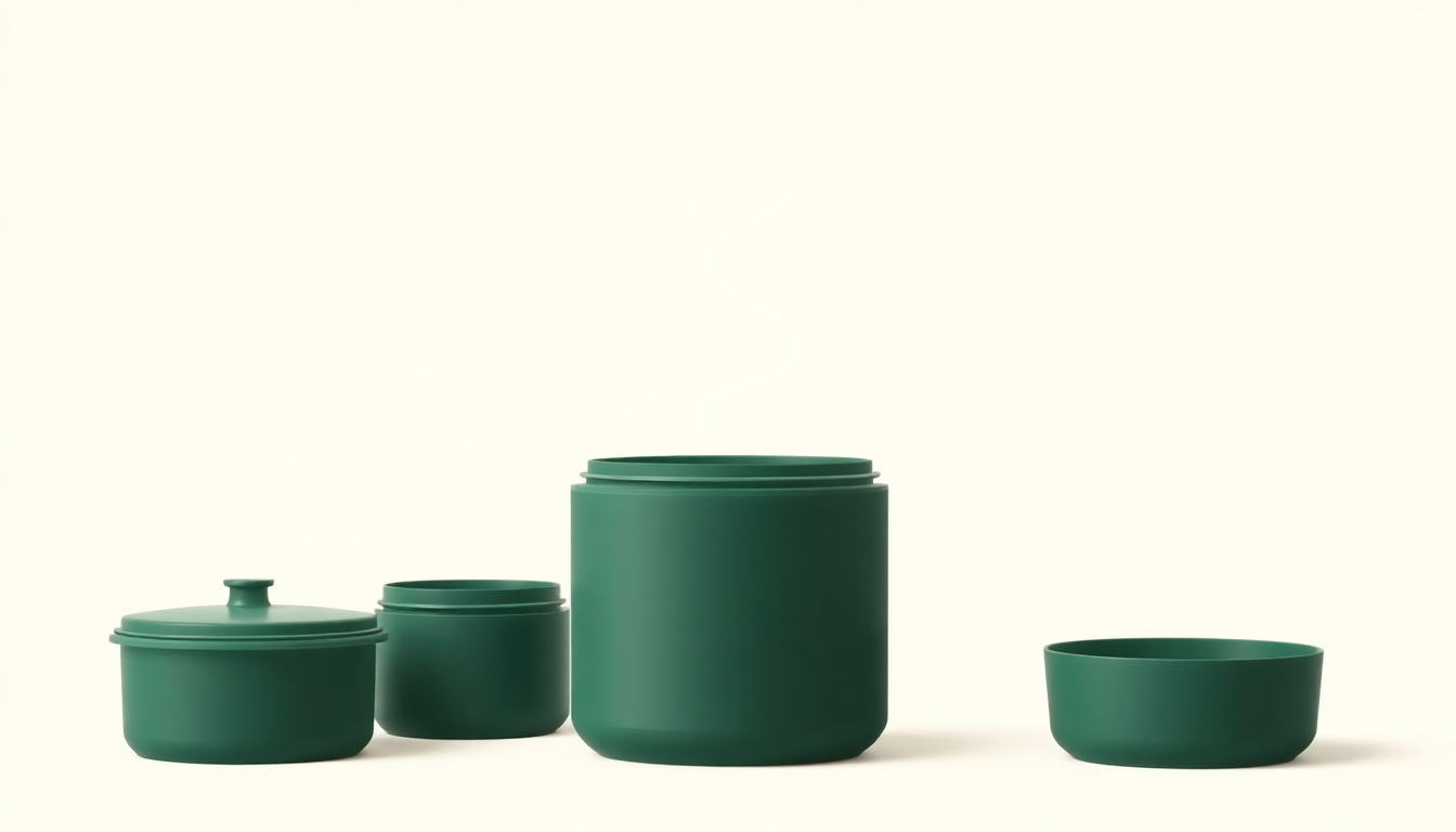 도시락통 단면 인포그래픽 — 진공 이중벽 보온통과 분리된 밥통·국통·반찬통 구성