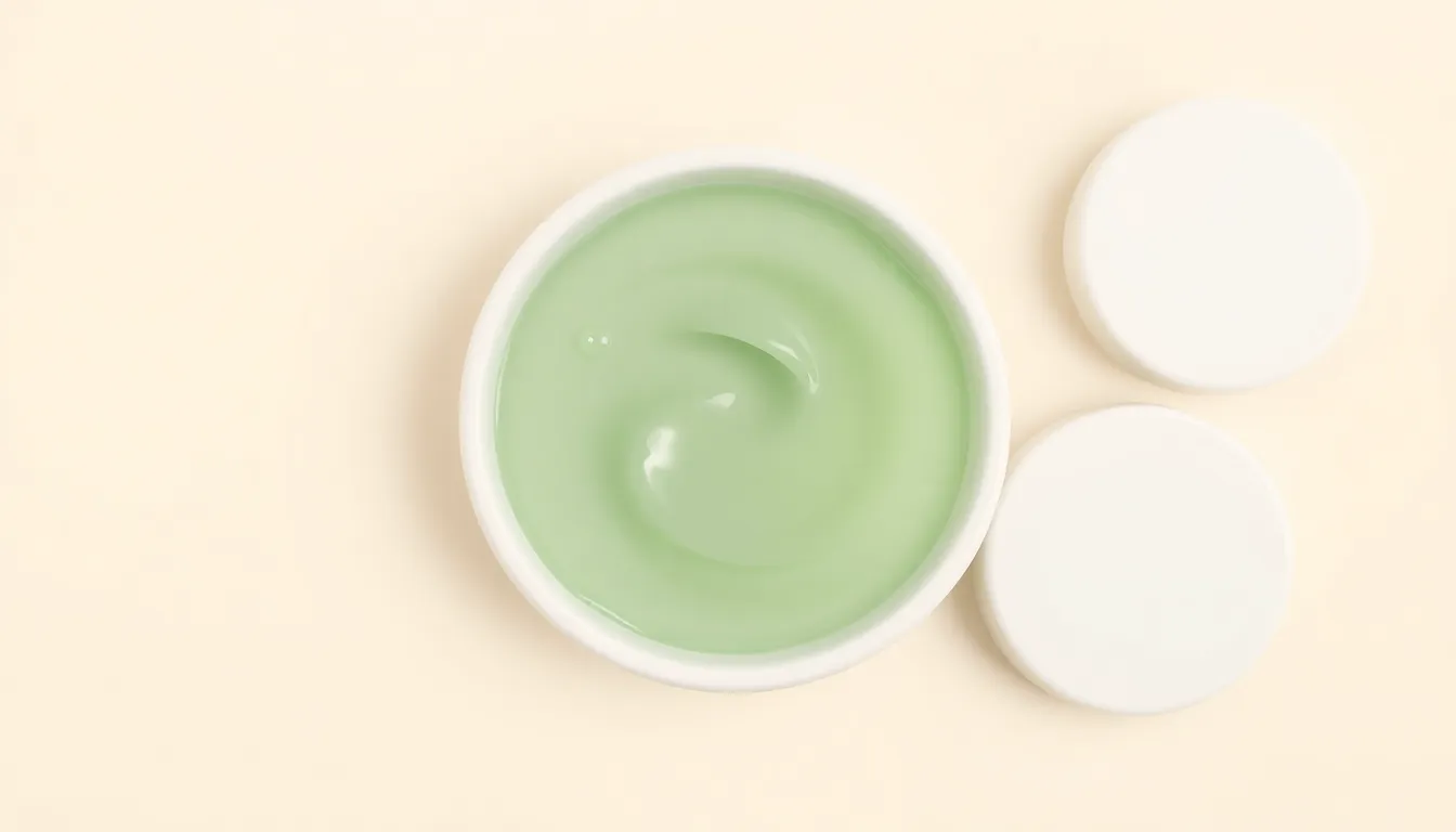 위에서 내려다본 흰 도자기 그릇 안에 연한 세이지색 젤 크림이 소용돌이 모양으로 담겨 있고 옆에 흰 뚜껑 두 개가 놓인 일러스트