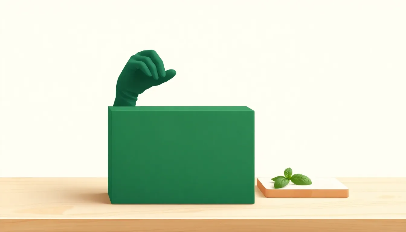니트릴장갑 추천 — 크림색 배경 나무 조리대 위 진초록 상자에서 진초록 일회용 장갑 한 짝이 올라오고, 옆 흰 도마에 바질 잎이 놓인 일러스트 — homegrade Editorial Team