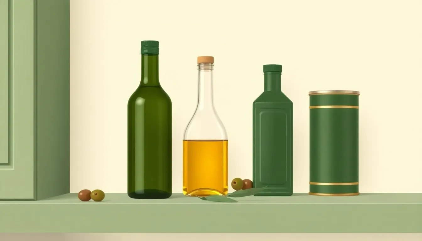 연한 세이지색 선반 위에 라벨 없는 진초록 유리병, 황금빛 오일이 담긴 투명 병, 초록색 사각 병, 초록 원통형 캔이 나란히 놓이고 올리브 열매와 잎이 흩어진 일러스트
