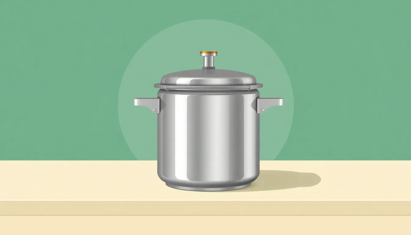 압력밥솥 추천 — 크림색 조리대 위에 뚜껑을 잠근 채 놓인 스테인리스 직화 압력솥, 세이지색 배경의 미니멀 일러스트 — homegrade Editorial Team