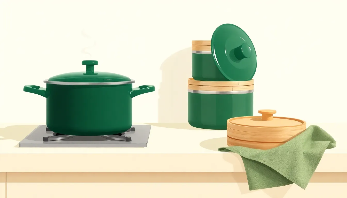 찜기 추천 — 크림색 조리대 화구 위 진초록 냄비와 옆에 쌓인 나무 테두리 찜통, 대나무 찜기와 세이지색 천이 놓인 일러스트 — homegrade Editorial Team