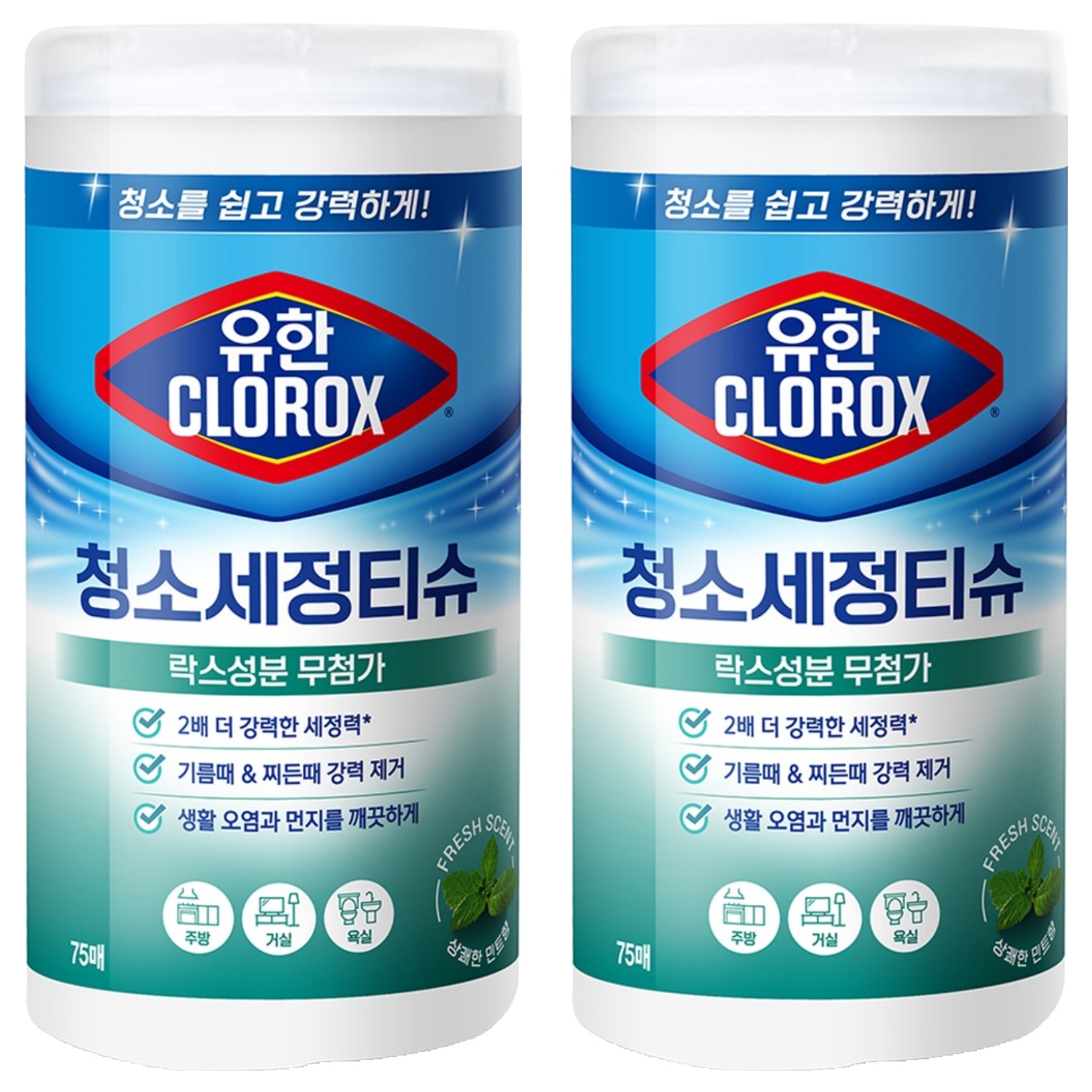 유한클로락스 청소세정티슈 프레시 센트 75매, 2개 - 13,410원