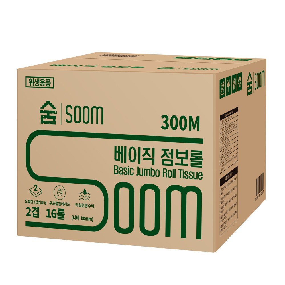 숨 베이직 점보롤 2겹 300M 대용량 공공장소 휴게소 업소용 빌딩관리 화장지 휴지 두루마리, 1개, 16롤, 300m - 35,900원